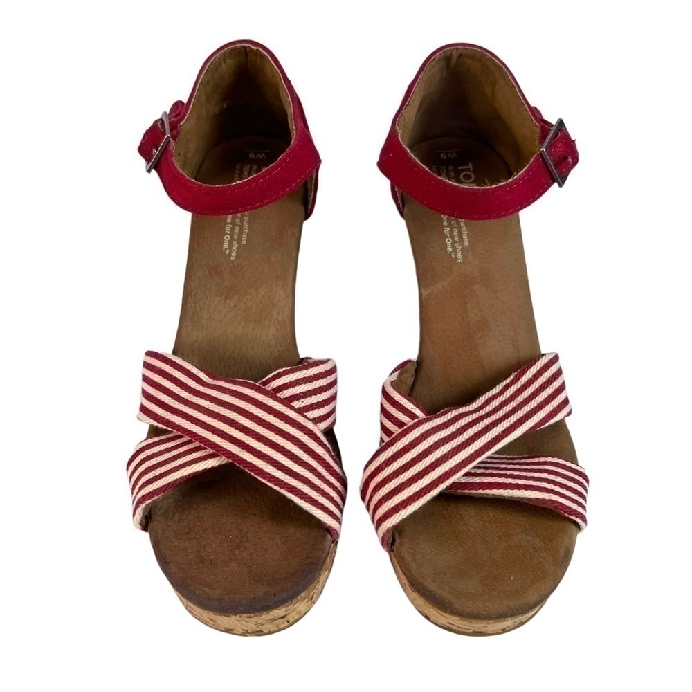 TOMS Sienna Cork Wedge Sandals W9 Red White Striped Ankle Strap Summer